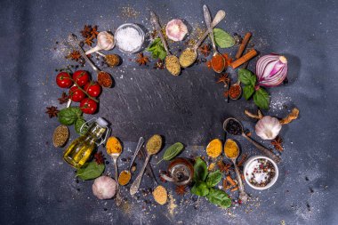 Karanlık arka planda yemek pişirmek için baharatlar. Farklı baharatlar, baharatlar ve otlar kırmızı biber, zerdeçal, tuz, fesleğen, nane, tarçın, sarımsak, zeytinyağı, hazır yemek için aromatik malzemeler.