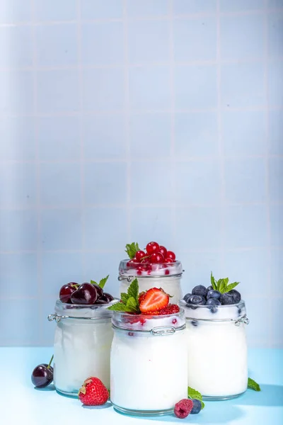 Variety Yoghurts Portion Glass Jars Healthy Summer Breakfast Concept Seasonal — Stock Photo, Image