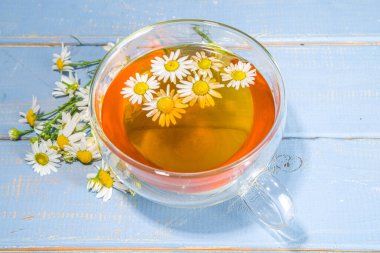 Bir fincan papatya çayı, papatya buketi, mavi ahşap arka plan fotokopi alanı. Bitkisel organik soğuk içecek.