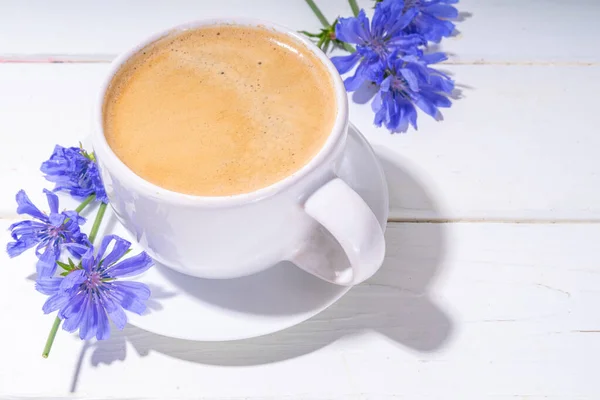 Chicory Herbal Coffee Drink Blue Flowers White Wooden Table Alternative — Stock Photo, Image