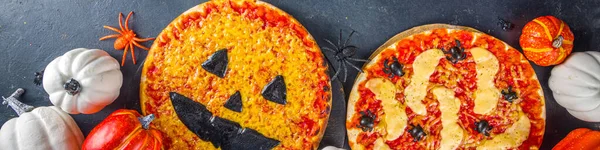 Halloween Party Trick Treat Żywności Śmieszne Straszne Pizzy Stylu Znaków — Zdjęcie stockowe