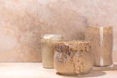 Sağlıklı yaşam tarzı, glütensiz mayalama diyeti. Ev yapımı ekşi ekmek. Aktif köpüklü çavdar, buğday, yulaf ekmeği farklı un ve fermantasyon yöntemleriyle, cam kavanozlarda, ham hamur ve fırınlanmış ekmekle.