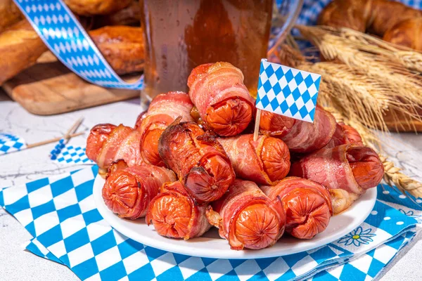 Oktoberfest Party Food Pretzel Hot Dogs Puff Pastry Rolls Sausage — Stockfoto