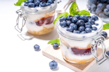 Katmanlı yaban mersinli parfe tatlı, vanilyalı bisküvili cheesecake, kremalı yoğurt, reçelli sos ve taze yaban mersini.