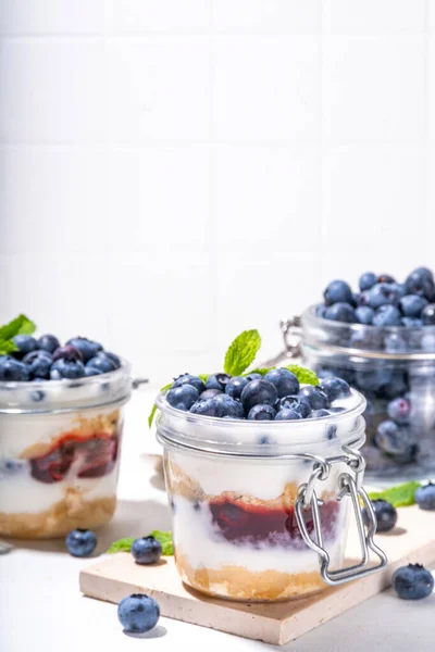 Lapisan Blueberry Parfait Dessert Cheesecake Glass Dengan Biskuit Vanilla Yogurt — Stok Foto