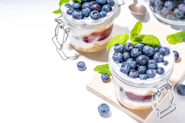 Lapisan Blueberry Parfait Dessert Cheesecake Glass Dengan Biskuit Vanilla Yogurt — Stok Foto