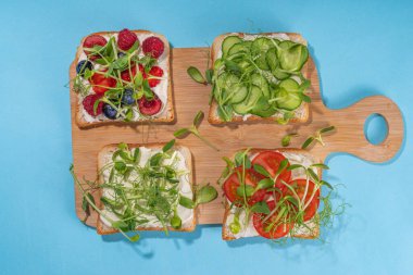 Vegetable and fruit microgreen sandwiches. Homemade toasts sandwiches with tomato, cucumber, berry fruits and a lot of microgreen baby leaves sprouts, white table background copy space
