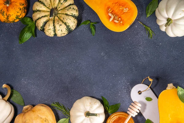 Kürbisse Kochen Hintergrund Mit Verschiedenen Größen Arten Und Farben Squash — Stockfoto
