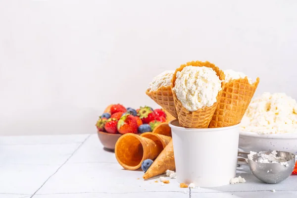 土司奶酪冰淇淋 时尚的白色小别墅奶酪香草冰淇淋勺在华夫饼锥 新鲜的浆果和顶盖 — 图库照片