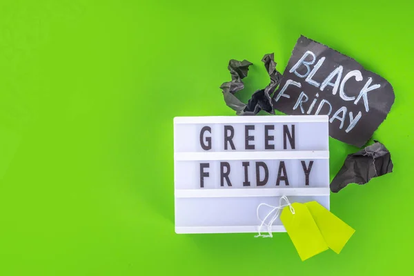 Koncepcja Zielony Piątek Zielonej Sprzedaży Zniżki Tagu Świadomy Przyjazny Dla — Zdjęcie stockowe
