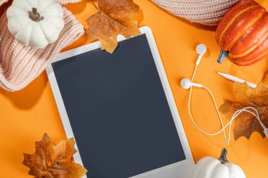 Cozy fall background with tablet, ear-pods, white, orange pumpkins, autumn leaves decor on high-colored orange background. Autumn still life composition. 