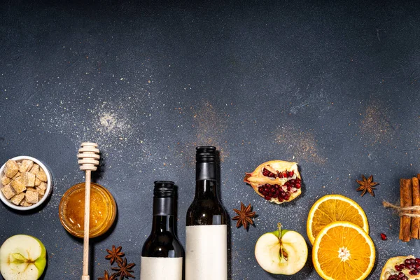 Different Mulled Wine Ingredients Set Black Background Flat Lay Wine — Stok fotoğraf