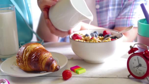 为学童提供有营养的早餐 包括新鲜水果 羊角面包 意大利面 牛奶和三明治 小女孩在上学和工作前吃早餐 复制空间 — 图库视频影像