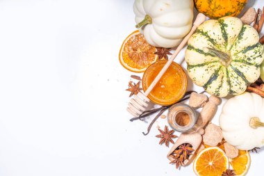 Sonbahar mevsimi balkabağı baharat pişirme ve içecekleri içme. Çeşitli renkli balkabakları, fındıklar, beyaz arka planda mevsimlik baharatlar. Balkabağı turtası, latte, sonbahar Şükran Günü için kurabiyeler.