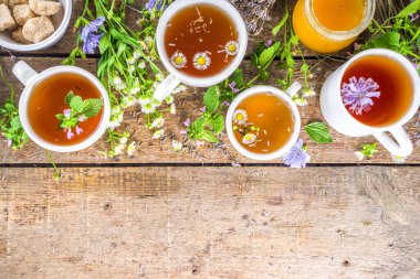Farklı bitkisel çay seti. Çeşitli fincanlar, organik bitki çayı, papatya çayı, hindiba, nane şekeri, lavanta. Organik doğal içecek konsepti. Sağlık ve dokunulmazlık içecekleri