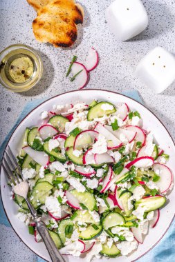Süzme peynirli yüksek proteinli sebze salatası. Salatalık ve turplu taze peynirli salata, kopyalama alanı.