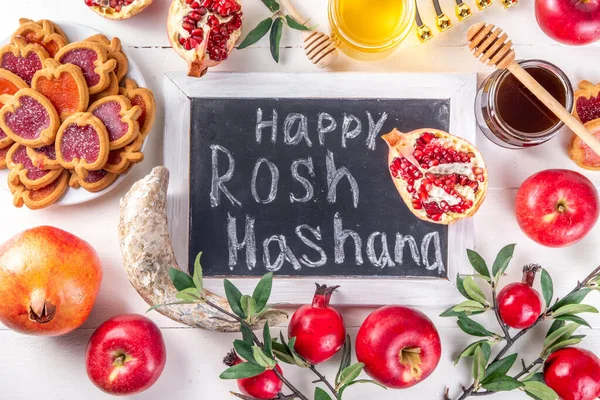 Rosh Hashana Židovská Dovolená Pozadí Červenými Jablky Med Granátové Jablko — Stock fotografie