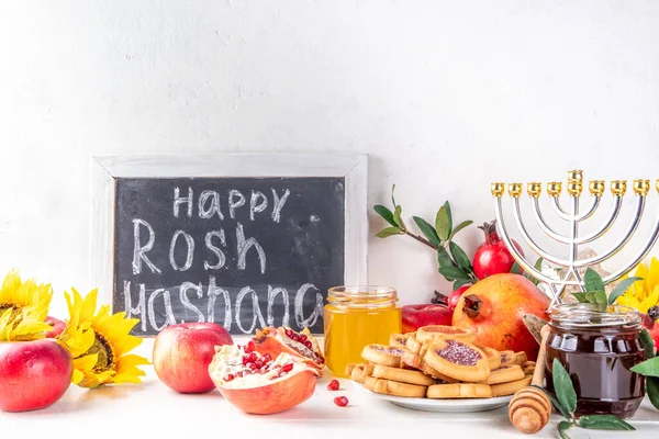 Rosh Hashana Joodse Vakantie Achtergrond Met Rode Appels Honing Granaatappel — Stockfoto