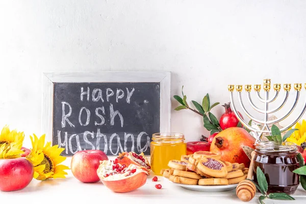 Rosh Hashana Sfondo Vacanza Ebraica Con Mele Rosse Miele Melograno — Foto Stock