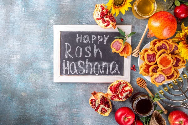Rosh Hashana Joodse Vakantie Achtergrond Met Rode Appels Honing Granaatappel — Stockfoto