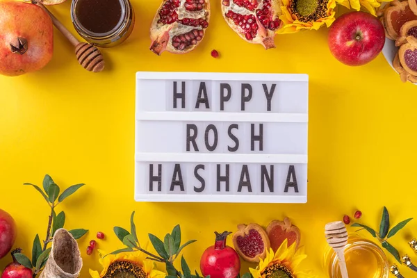 Rosh Hashana Sfondo Vacanza Ebraica Con Mele Rosse Miele Melograno — Foto Stock