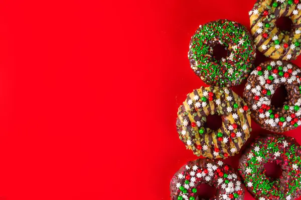 Bright Festive Decorated Christmas New Year Donuts Set Colorful Red — Stock Photo, Image