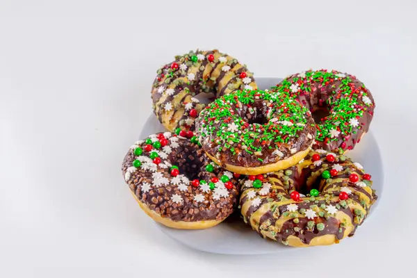 Bright Festive Decorated Christmas New Year Donuts Set Colorful Red — Stock Photo, Image