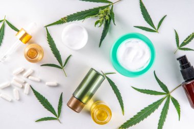 Esrar kenevir kozmetiği - yüz kremi, serum, dudak kremi, losyon, gerekli yağ. Doğal organik kenevir esrarı cilt ürünleri, taze kenevir yaprakları ile beyaz arka plan üzerinde düz yatıyordu