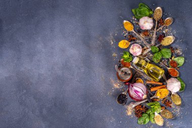 Karanlık arka planda yemek pişirmek için baharatlar. Farklı baharatlar, baharatlar ve otlar kırmızı biber, zerdeçal, tuz, fesleğen, nane, tarçın, sarımsak, zeytinyağı, hazır yemek için aromatik malzemeler.