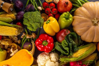 Sonbahar sebze hazırlama akşam yemeği geçmişi. Organik taze sebzeler, balkabağı, mısır, meyve, mantar, salata yaprakları, yeşillik, fotokopi alanı ile pişirmek için gerekli malzemeler..