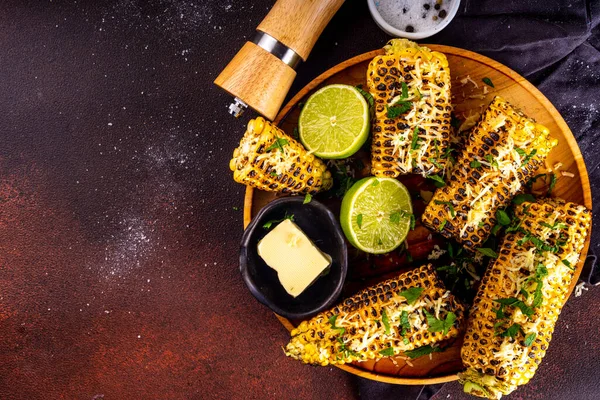 Vegan Bbq Food Grilled Salted Spicy Corn Sheese Butter Greens — Stock Photo, Image