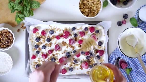 Cooking Making Frozen Yogurt Bark Background Greek Yogurt Fresh Berry — Stock Video