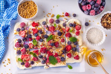 Ev yapımı donmuş yoğurt kabuğu, Yunan yoğurdundan yapılan alternatif sağlıklı keto diyeti dondurması, taze böğürtlen, fındık, granola, bal, fırın tepsisi deco. Meyve soslu donmuş yoğurt.