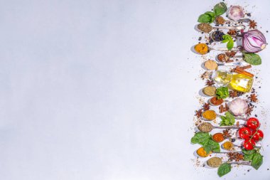 Beyaz arka planda yemek pişirmek için baharatlar. Farklı baharatlar, baharatlar ve otlar biber, zerdeçal, tuz, fesleğen, nane, tarçın, sarımsak ve diğer aromatik karışımlar