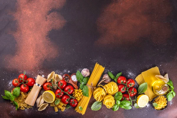 Various Pasta Spices Ingredients Cooking Preparation Dinner Lunch Background Fresh — Stock Photo, Image