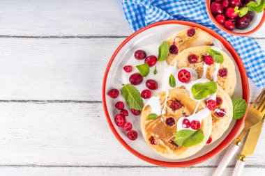 Kış kahvaltısı ya da brunch için yaban mersinli krep. Noel kutlaması, yeni yıl kahvaltısı vanilyalı kremalı tatlı ve taze kızılcık, kopyalama alanı.