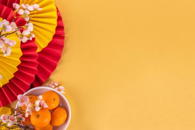 Kopya alanı olan Çin Yeni Yıl temalı arka plan. Kırmızı fanlar, altın sikkeler, mandallar, kiraz çiçekleri, bayram altın dalları, dekorlar, dilek zarfları. Altın arka planda altın ejder 