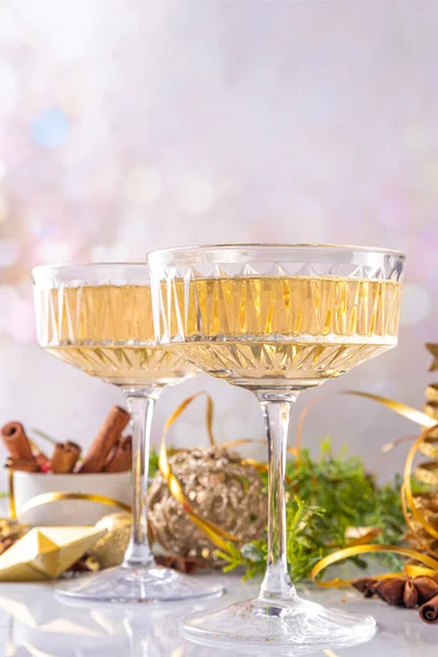 Two Champagne Glasses Christmas Decorated Background Merry Christmas Happy New — Stock Photo, Image