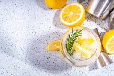 Biberiyeli limonata. Karbonatlı soda, limon dilimleri ve biberiye filizi ile soğuk limonata, beyaz kartonlu arka plan fotokopi alanı