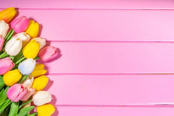 Lente Vakantie Tender Leuke Achtergrond Grote Boeket Tulp Bloemen Roze — Stockfoto