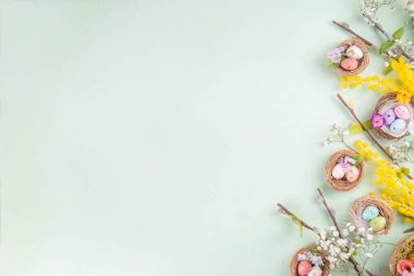 Paskalya yuvaları ve bahar çiçekli yumurtalar, Mutlu Paskalya bayramı tebrik kartları açık yeşil bahar arka planında yatıyordu, üst görünüm kopyalama alanı