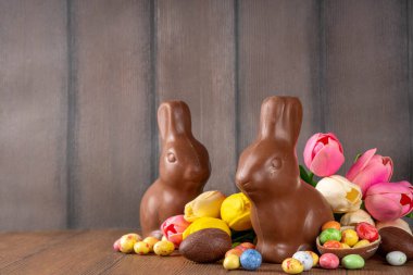 Paskalya arkaplan tebrik kartı, geleneksel şekerleme, Paskalya yumurtası avı eğlence konsepti. Çikolata tavşanı, çikolata ve şeker Tahta arka planda Paskalya yumurtası