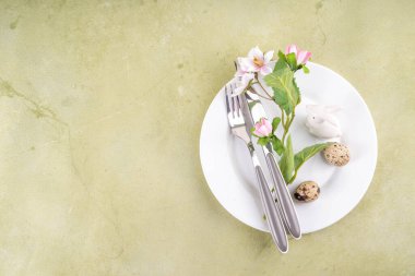 Paskalya sofrasında bahar bitkisi, tabak, bıçak ve çatal ve paskalya yumurtası ve arka planda yuvaları var. Paskalya ışığı yeşil çatal bıçak seti. Kutlama kartı, menü, davetiye, kopyalama alanı. 