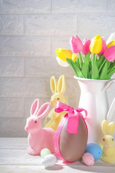 Easter Background Vase Bouquet Tulips Flowers Easter Eggs Bunny Rabbits Stock Image