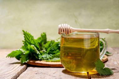 Nettle Tea sıcak bitkisi şeffaf cam bardakta içecek. Organik doğal bitkisel çay kafeinsiz, organik çiğ ısırgan otu yapraklarıyla yapılır. Alternatif bitkisel ilaç. Isırgan otu, urtica.