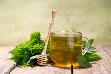 Nettle Tea sıcak bitkisi şeffaf cam bardakta içecek. Organik doğal bitkisel çay kafeinsiz, organik çiğ ısırgan otu yapraklarıyla yapılır. Alternatif bitkisel ilaç. Isırgan otu, urtica.