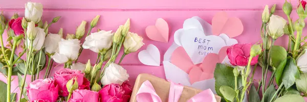 Dzień Matki Międzynarodowy Świąteczny Kartka Życzeniami Bukiet Kwiatów Róż Słodkie Obraz Stockowy