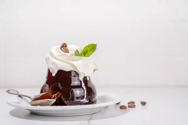 stock image Coffee Jelly Dessert made with strong espresso coffee, gelatin or agar and whipped cream. Asian cold coffee sweets kohii zerii kanten on white table background copy space