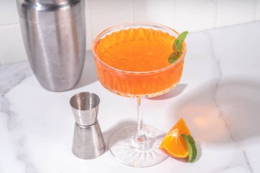 Klasik İtalyan aperatifi aperatif spritz bardakta buzlu martini kokteyli, alkollü, uzun alkollü, portakal ve nane dilimli, beyaz arka planda sert ışık ve bar aletleri.