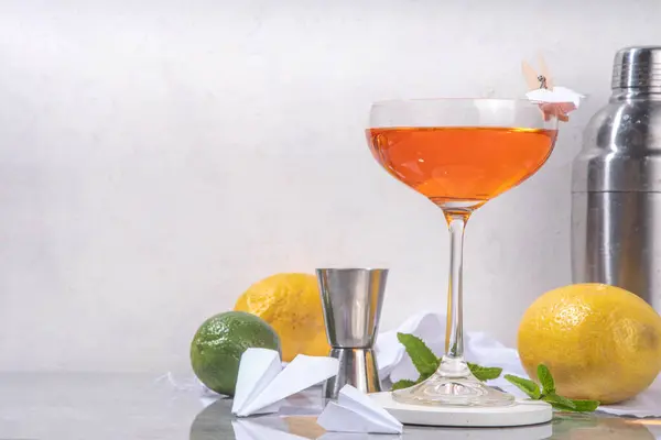 stock image Paper plane boozy alcohol cocktail with Bourbon, whiskey, amaro, aperol aperitif, fresh lemon juice and paper plane craft made decor, on white background with hard light and bar utensils